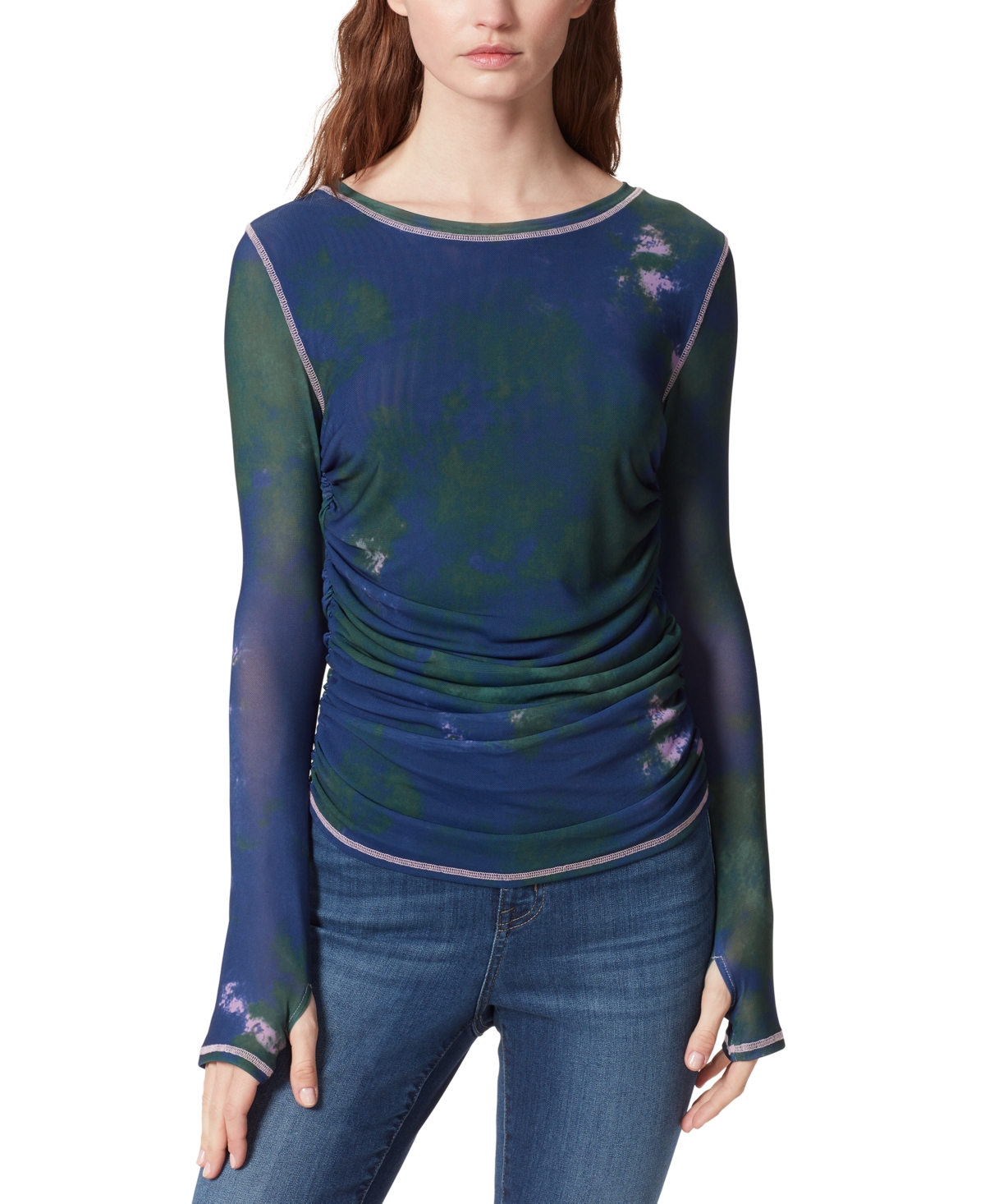 Frayed Denim Printed Ruched Flora Thumbhole Top