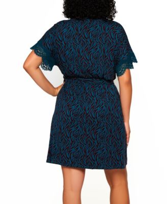Plus Size Zebra Print Jersey Knit Robe with Lace Trims