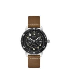 Men's Brown Genuine Leather Strap Day-Date Watch, 43mm