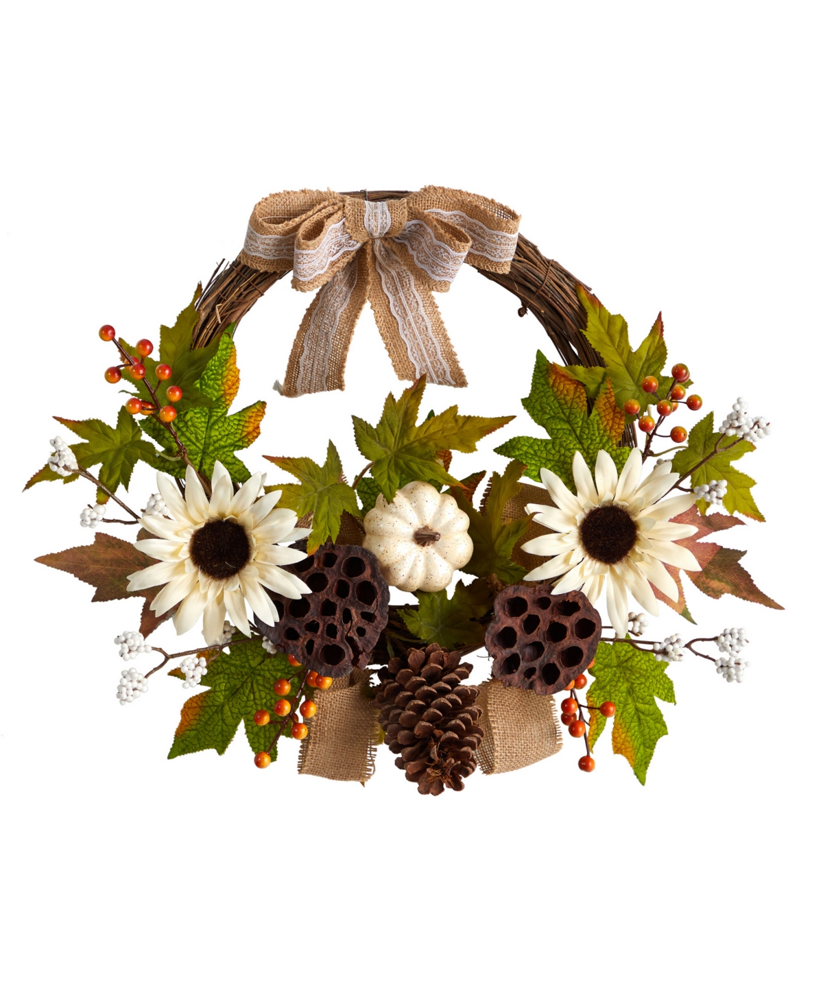 20" Autumn Sunflower, White Pumpkin and Dried Lotus Pod Artificial Fall Wreath with Decorative Bow - Green