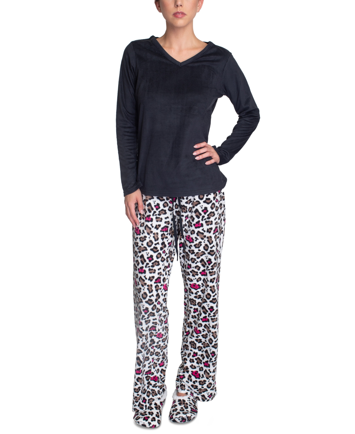 Goodnight Kiss Solid Top, Printed Pants & Faux Fur Slippers Pajama Set