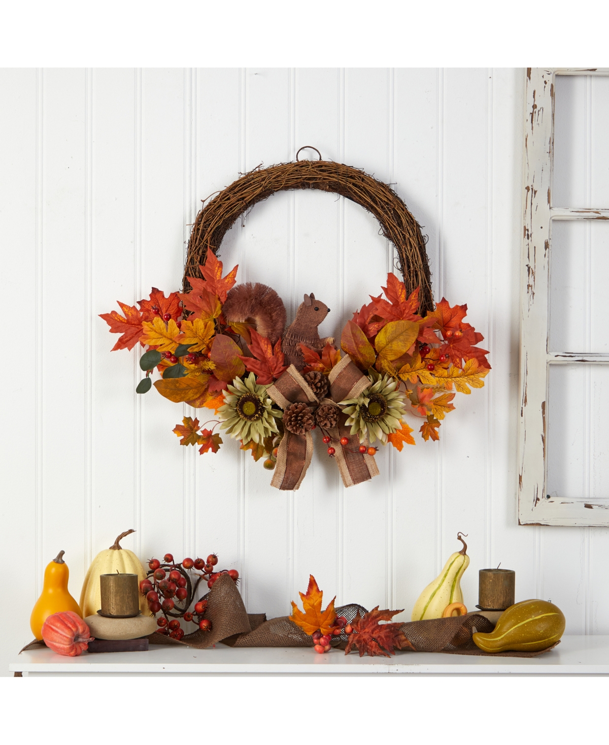 NEARLY NATURAL 26" FALL HARVEST ARTIFICIAL AUTUMN WREATH WITH TWIG BASE AND BUNNY 