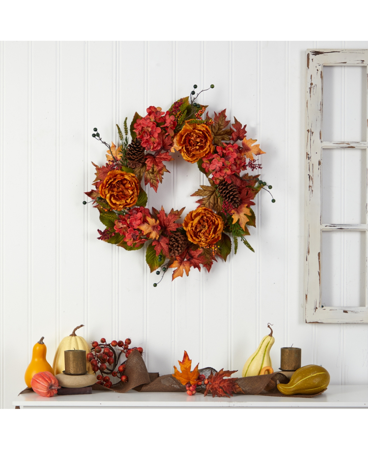 Nearly Natural 25" Fall Ranunculus, Hydrangea And Berries Autumn Artificial Wreath In Orange