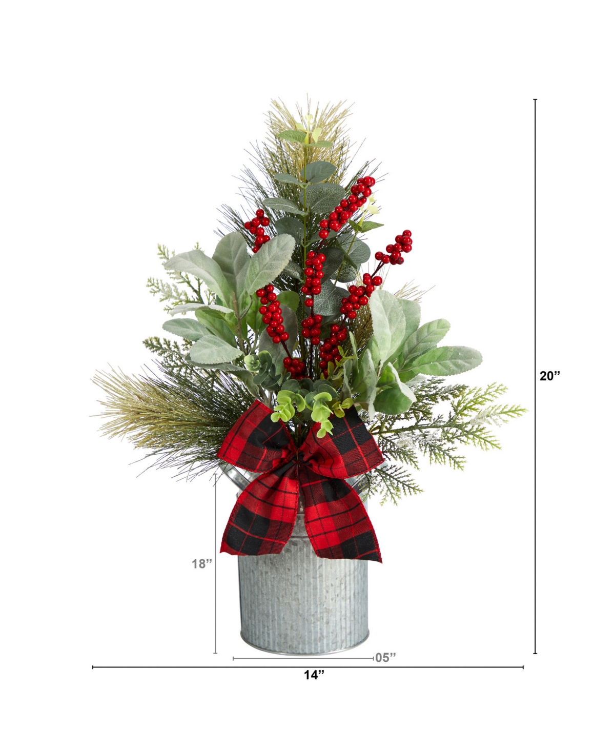 Nearly Natural Holiday Winter Greenery, Pinecone And Berries With Buffalo Plaid Bow Artificial Christmas Table Arra In Green