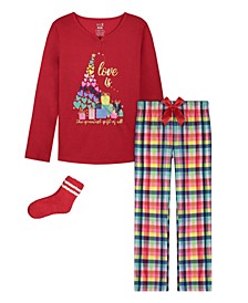 Big Girls 3 Piece Holiday Top, Pajama and Socks Set