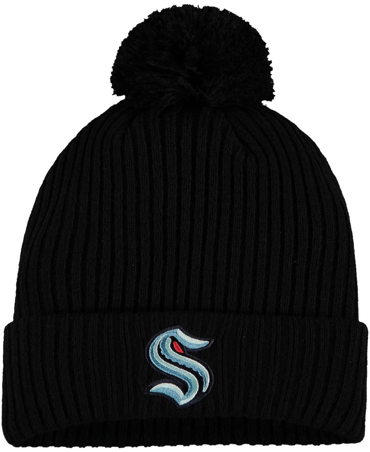 Men's Black Seattle Kraken Primary Logo Cuffed Knit Hat with Pom - Black