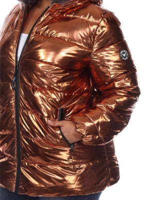 Plus Size Metallic Puffer Coat with Hoodie