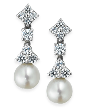 image of Arabella Bridal Cultured Freshwater Pearl (7mm) and Swarovski Zirconia (1-5/8 ct. t.w.) Drop Earrings in Sterling Silver