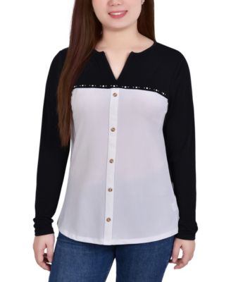 Petite Long Sleeve Studded Colorblocked Split Neck Top