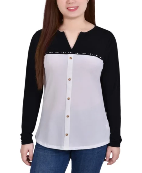 Petite Long Sleeve Studded Colorblocked Split Neck Top - Ivory