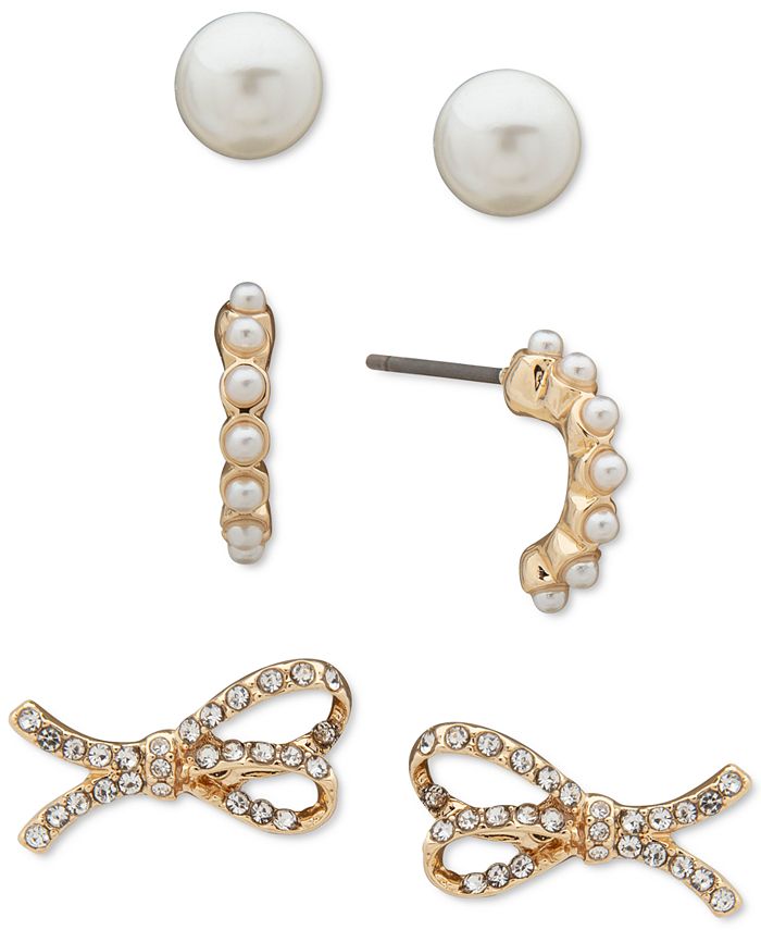 Anne Klein GoldTone 3Pc. Set Pavé Bow & Imitation Pearl Stud Earrings