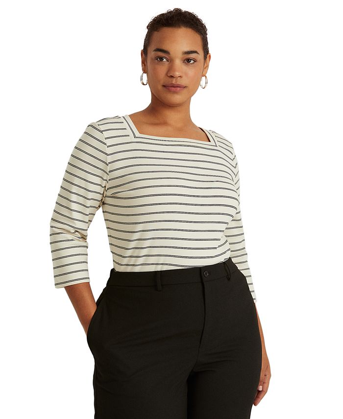 Lauren Ralph Lauren Plus-Size Striped Stretch Cotton Top & Reviews - Tops - Plus Sizes Macy's