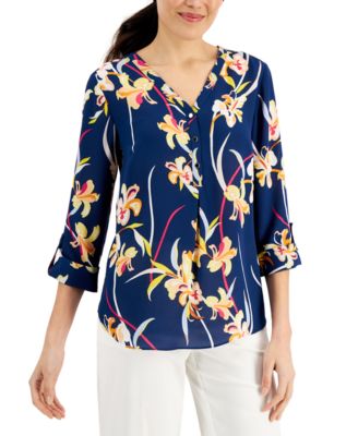 JM Collection - Garden Grove Printed Tab-Sleeve Top