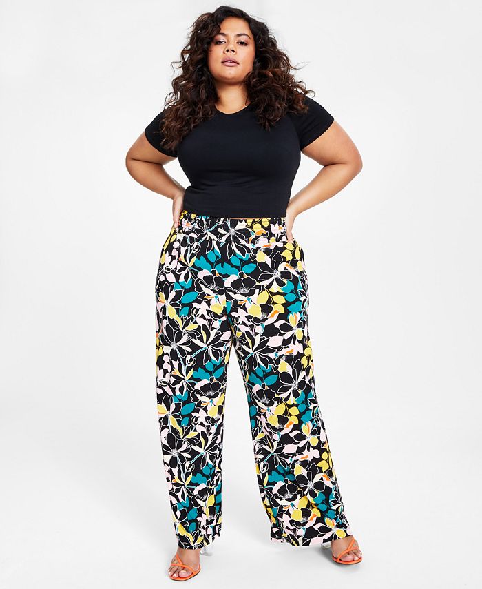 Bar III Trendy Plus Size Floral Print Wide Leg Pull On Pants