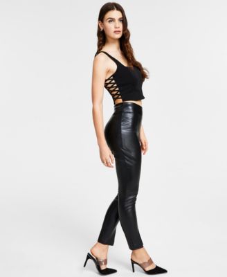 Bar III Faux-Leather Slit-Hem Pants 