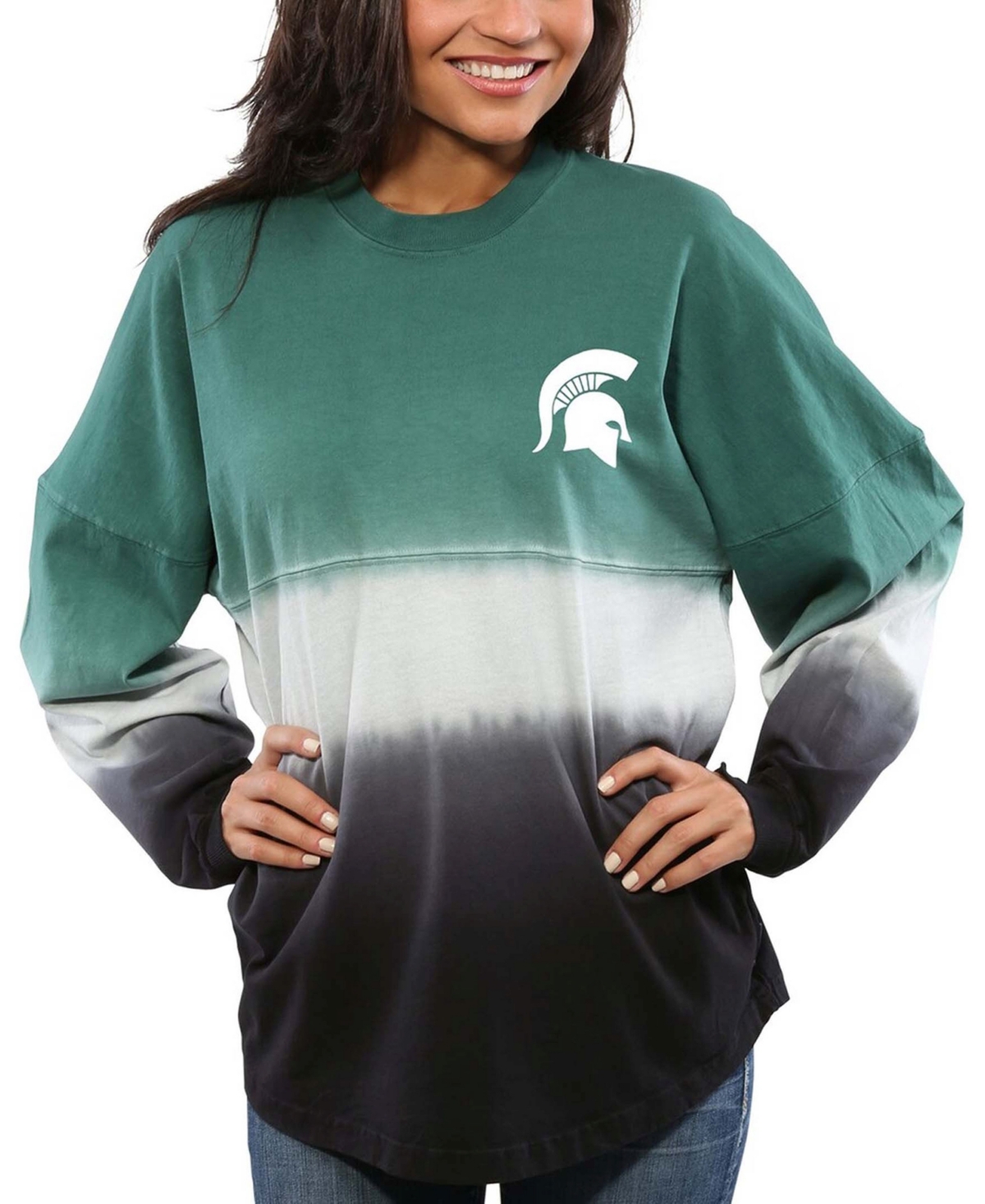 Women's Green Michigan State Spartans Ombre Long Sleeve Dip-Dyed T-shirt - Green