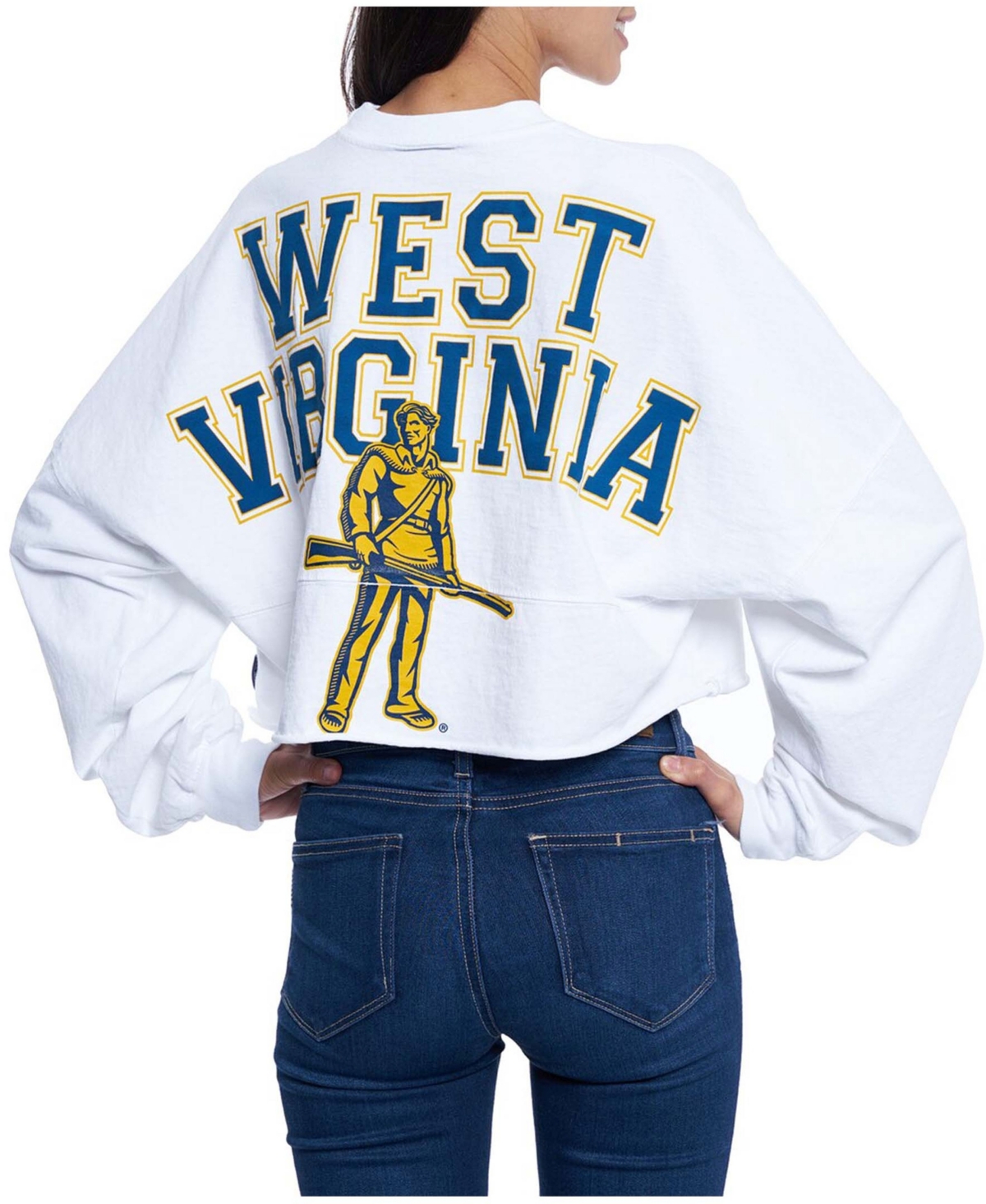 Women'sWest Virginia Mountaineers Raw Hem Cropped Long Sleeve T-shirt - White