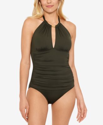 로렌 랄프로렌 Lauren Ralph Lauren High-Neck Tummy-Control One-Piece Swimsuit,Olive