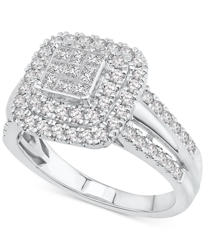 Macy's - Diamond Princess Square Double Halo Cluster Ring (1 ct. t.w.) in 14k White Gold