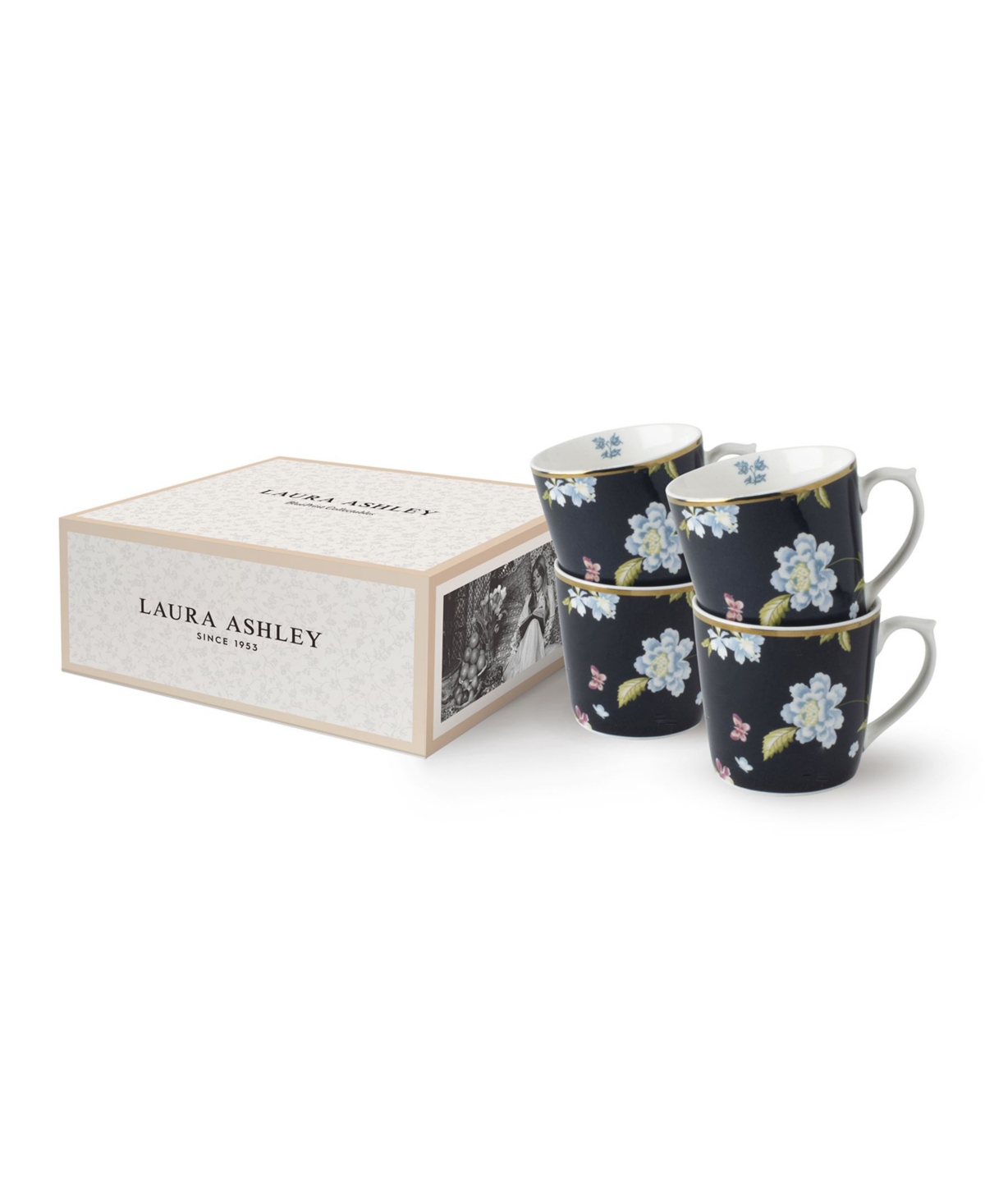 Closeout! Laura Ashley Heritage Collectables 10 Oz Midnight Uni Mugs in Gift Box, Set of 4 - White with Dark Blue