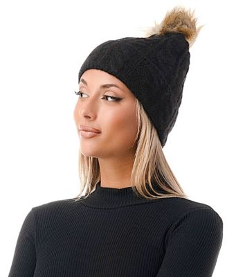 Women's Cable Knit Faux Fur Pom Beanie