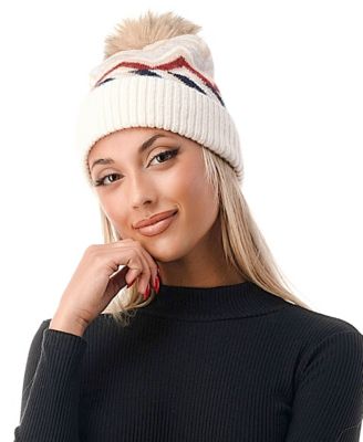 Women's Chevron Faux Fur Pom Cuff Beanie