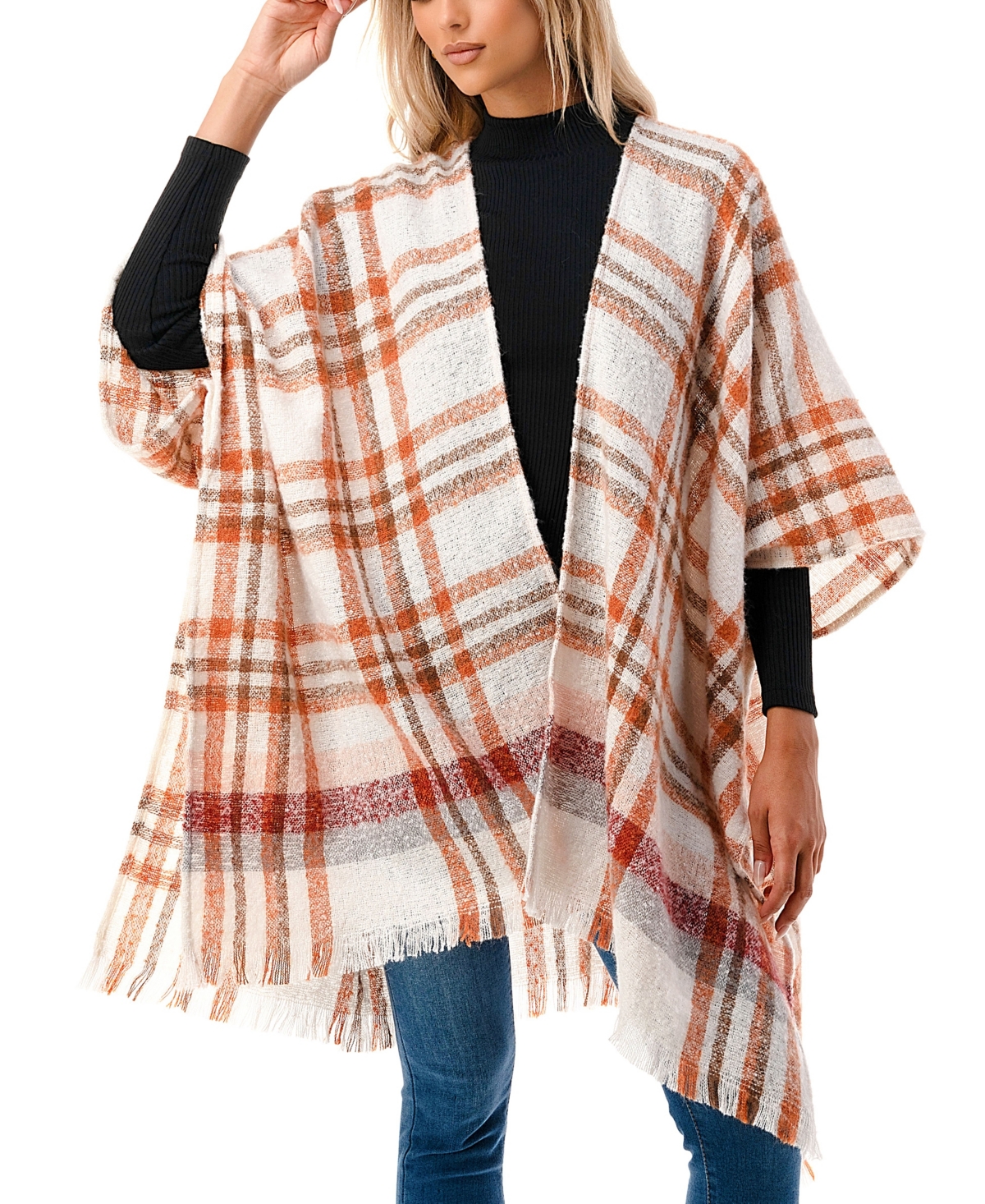 Marcus Adler Women's Open-Front Plaid Fringe-Trim Kimono
