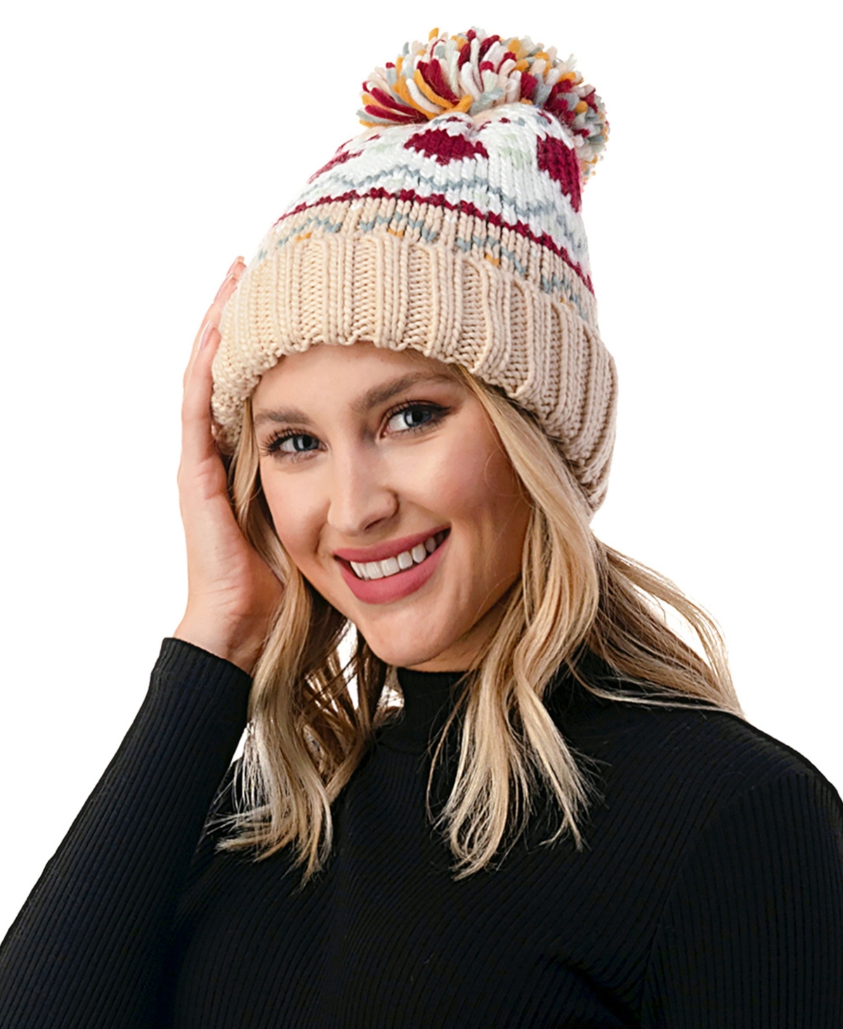 Marcus Adler Women's Fair Isle Heart Knit Pom Beanie In Ivory