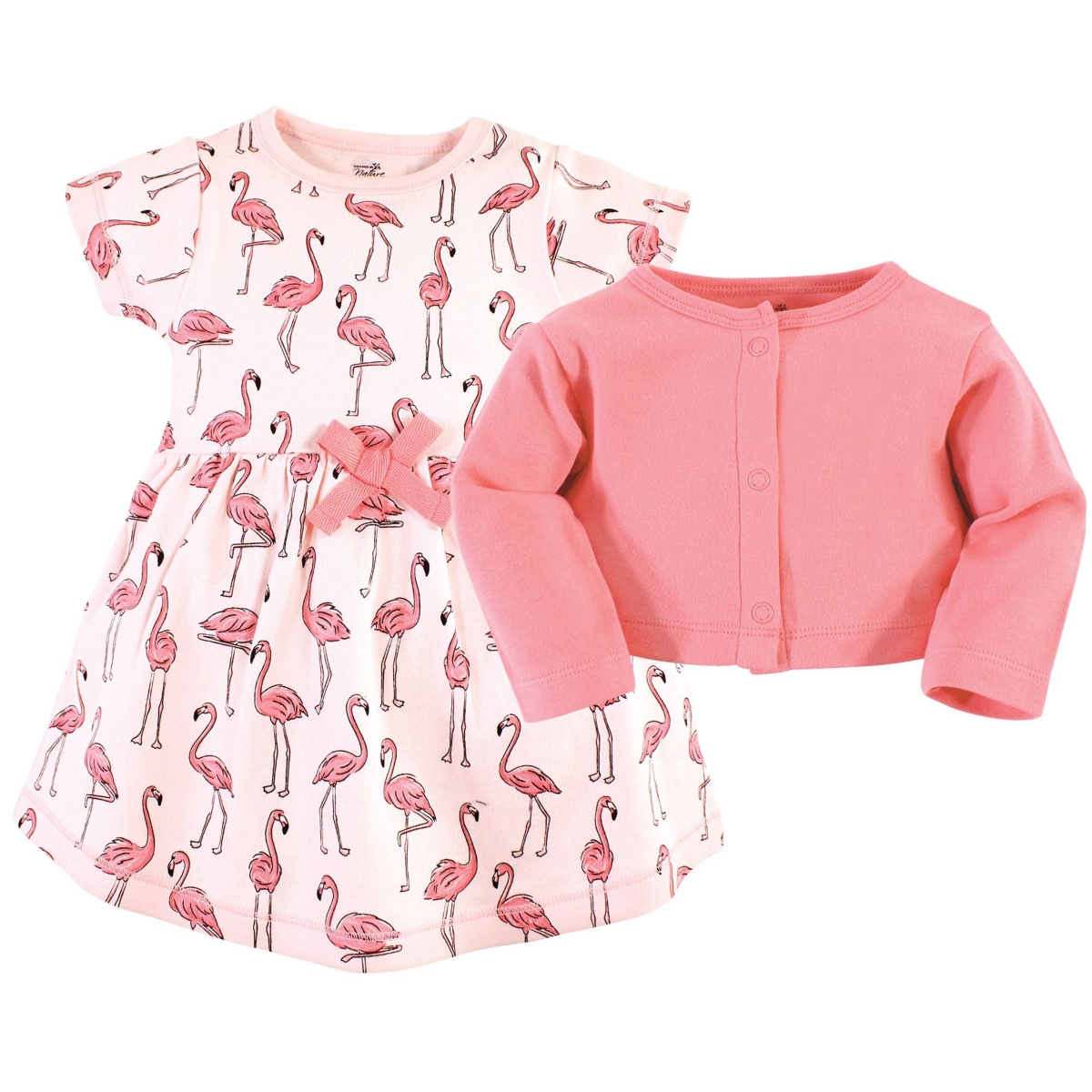Touched by Nature Toddler Girls Organic Cotton Dress and Cardigan,- Pink flamingo