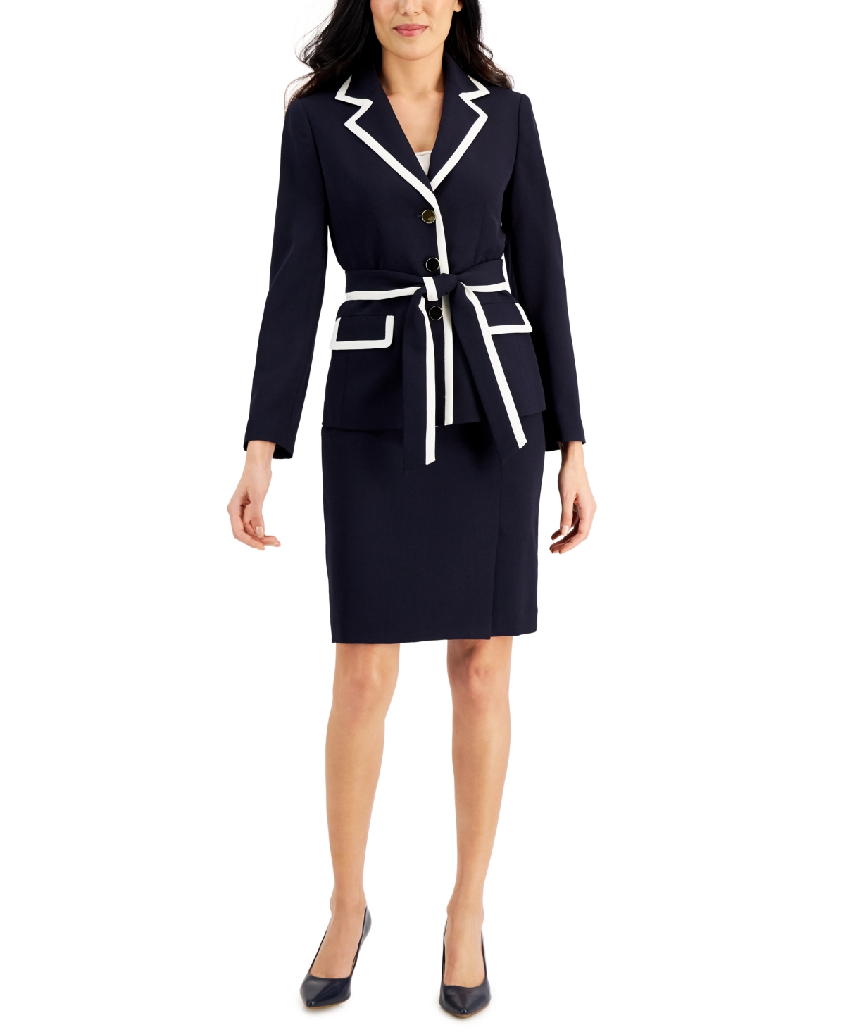 Le Suit Contrasttrim Tiewaist Skirt Suit, Regular & Petite Sizes In