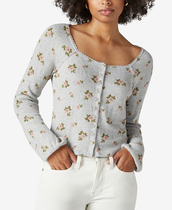 Lucky Brand Printed Pointelle Button-Front Top - Macy's
