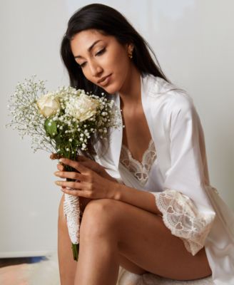 by Flora Nikrooz Kit Heart-Lace Charmeuse Wrap Robe & Cami & Tap Shorts Pajama Set