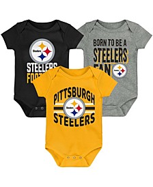 Newborn and Infant Boys and Girls Black, Gold-Tone, Heathered Gray Pittsburgh Steelers 3Rd Down and Goal Three-Piece Bodysuit Set