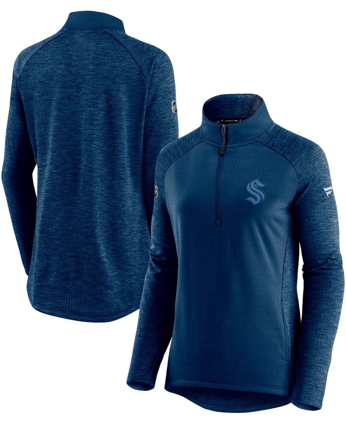 Fanatics Women's Navy And Heathered Navy Seattle Kraken Authentic Pro Travel And Training Raglan Quarter-zip In Navy,heathered Navy