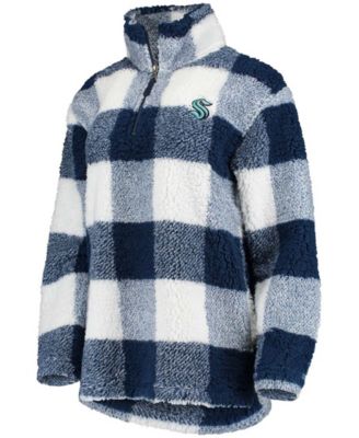 Women's Deep Sea Blue and White Seattle Kraken Plaid Sherpa Quarter-Zip Jacket
