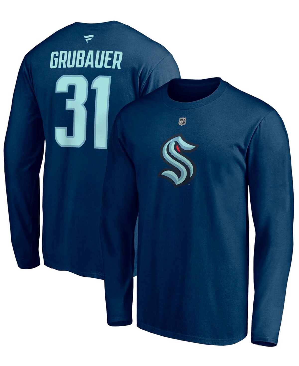 Men's Philipp GrubauerSeattle Kraken Authentic Stack Name and Number Long Sleeve T-shirt - Deep Sea Blue