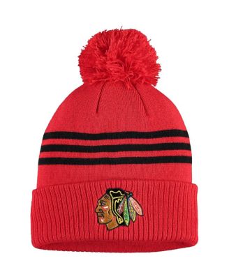 Men's Navy Chicago Blackhawks Locker Room Three Stripe Cuffed Knit Hat with Pom Men's Navy Chicago Blackhawks Locker Room Three Stripe Cuffed Knit Hat with Pom