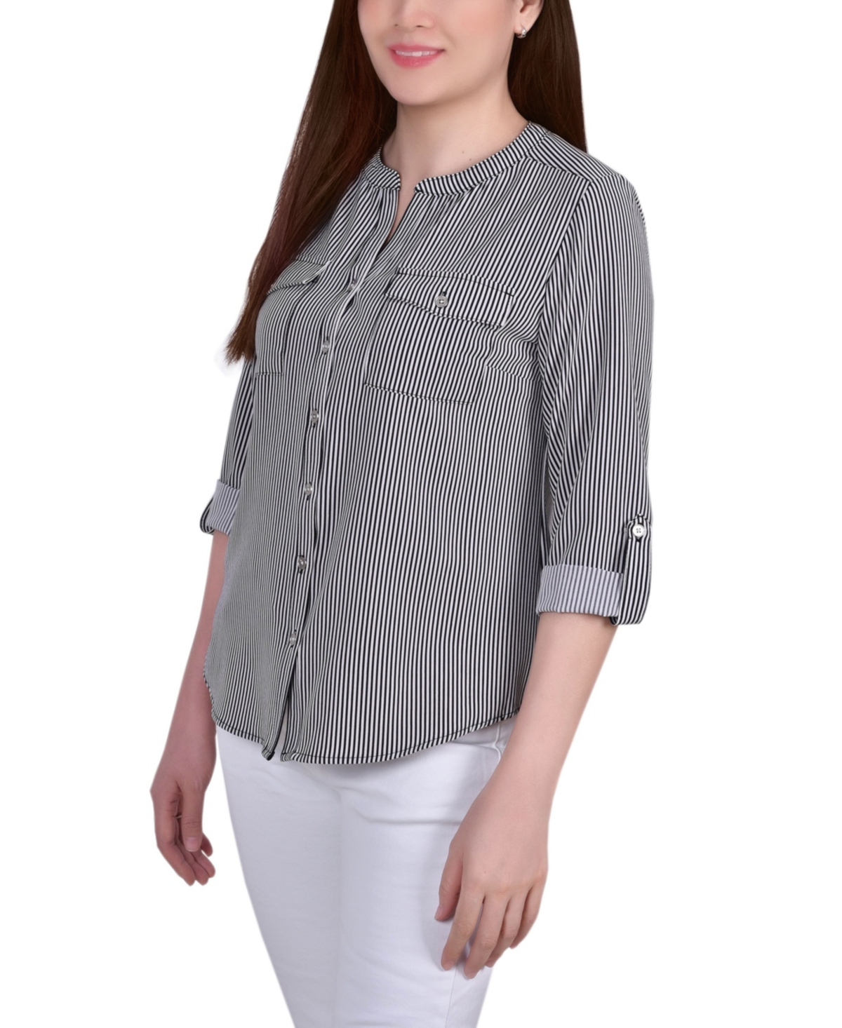 Ny Collection Petite Tab Y Neck Blouse In Black,white Torterella