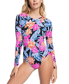 Juniors' Printed Long-Sleeve One-Piece Swimsuit