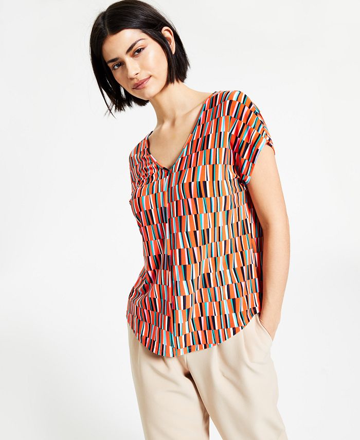 Bar III Printed V-Neck Top, Created for Macy's - Macy's