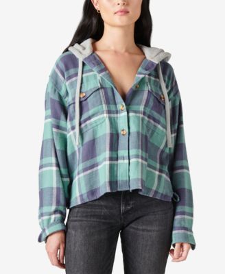 Cropped Plaid Button-Down Hoodie 