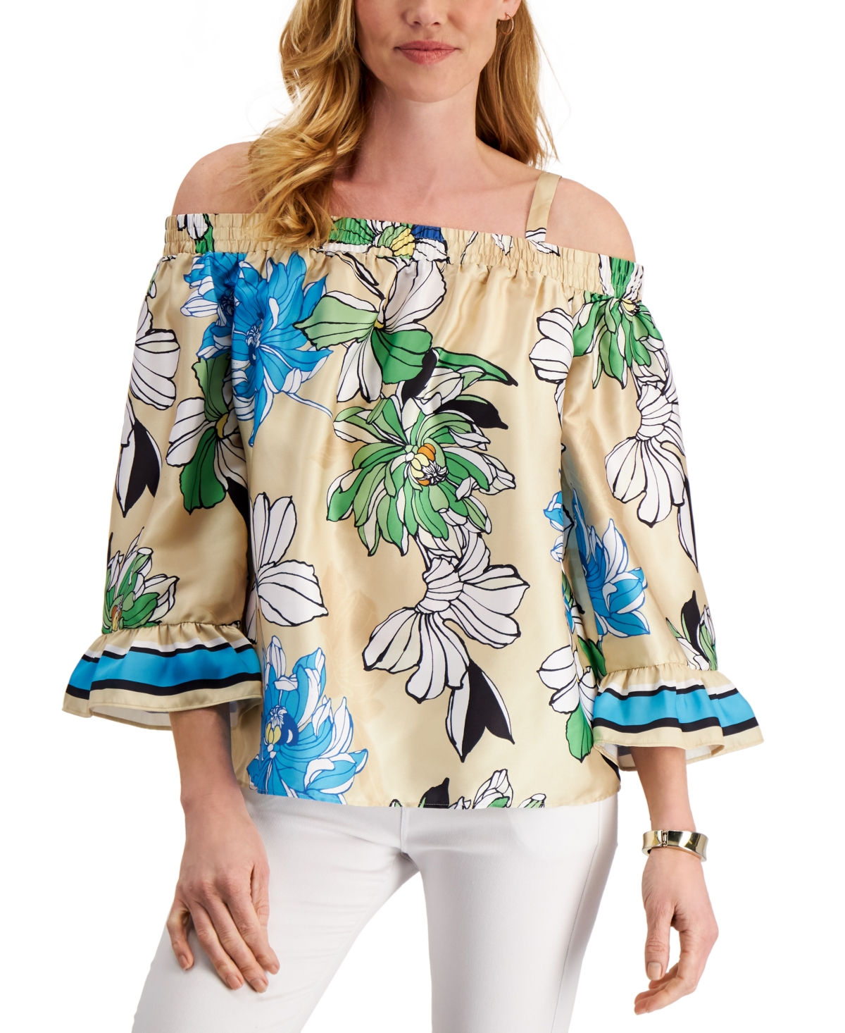 JM Collection Floral-Print Cold-Shoulder Top, Created for Macy's - Macy's