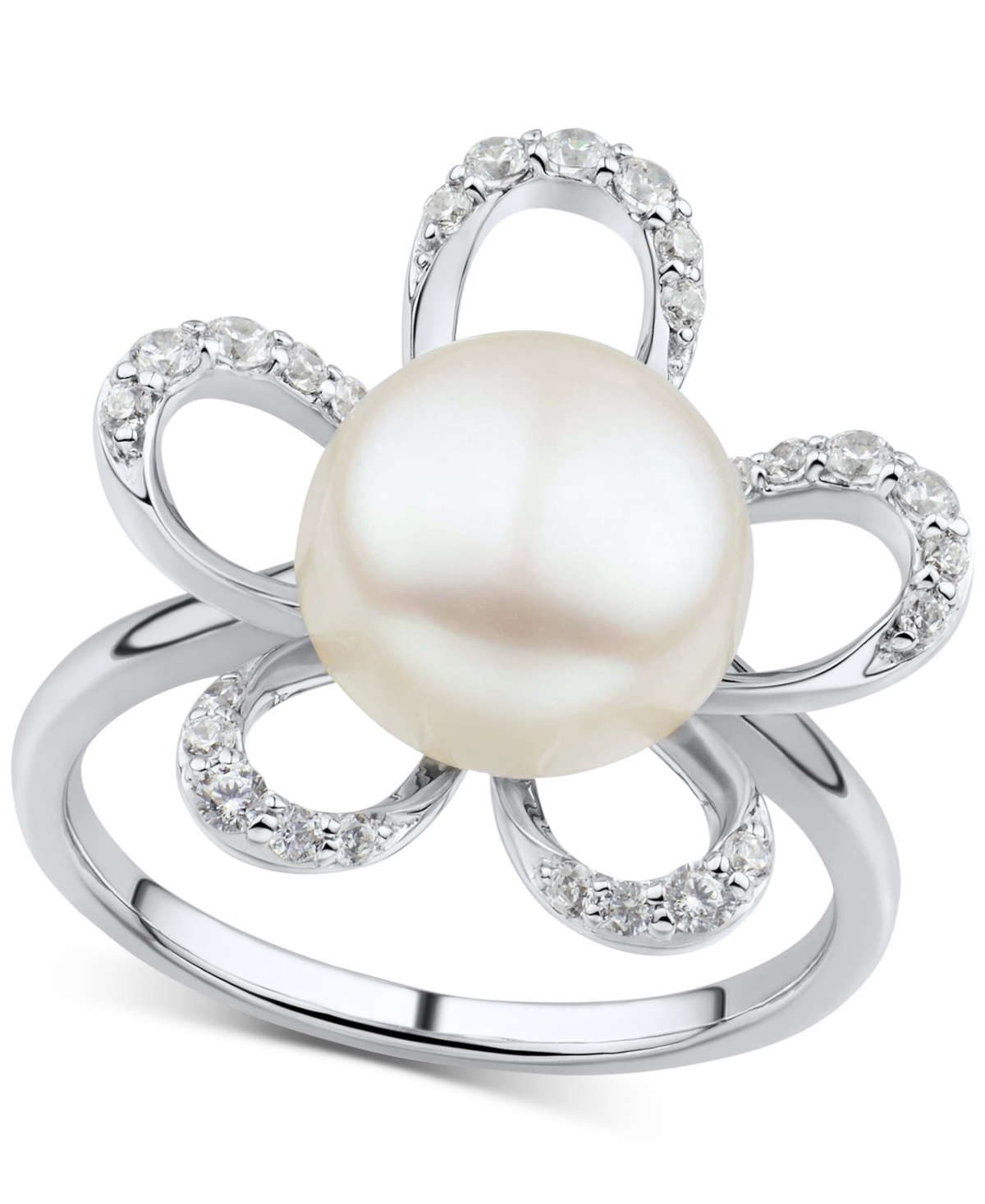 Cultured Freshwater Pearl (10mm) & White Topaz (3/8 ct. t.w.) Flower Ring in Sterling Silver - Sterling Silver
