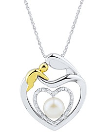 Cultured Freshwater Pearl (6mm) & Diamond Accent Mother & Child Heart Pendant Necklace (16" + 2" extender) in Sterling Silver & 14k Gold-Plated