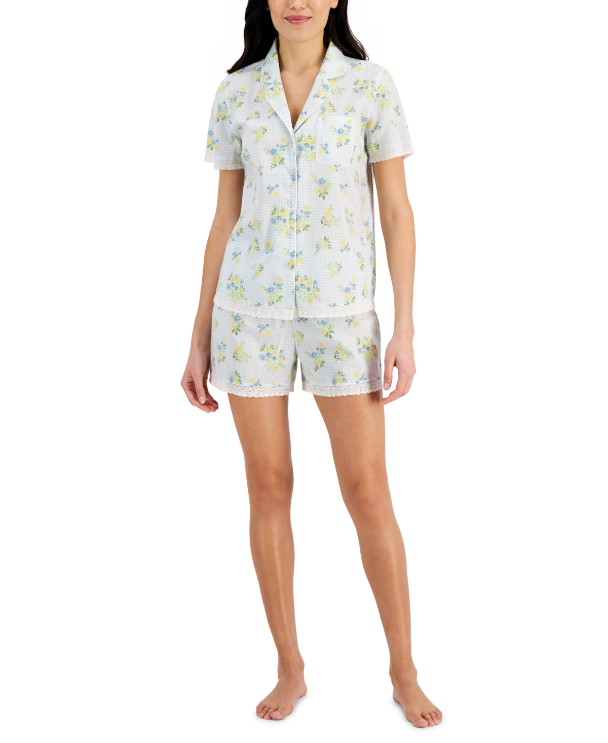 Charter Club Cotton Lace-Trim Notch Collar Shorts Pajama Set, Created for Macy's