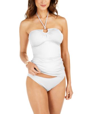 Michael Kors Michael  Logo Ring Shirred Bandini Swim Top Bikini Bottoms In White