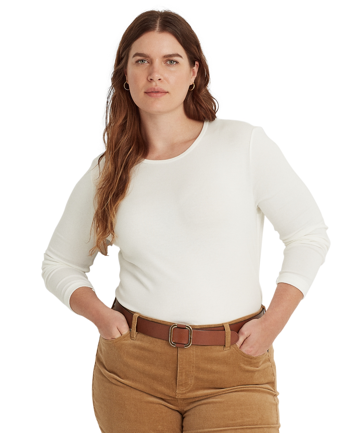 Lauren Ralph Lauren Plus Size Stretch Long-sleeve Tee In White
