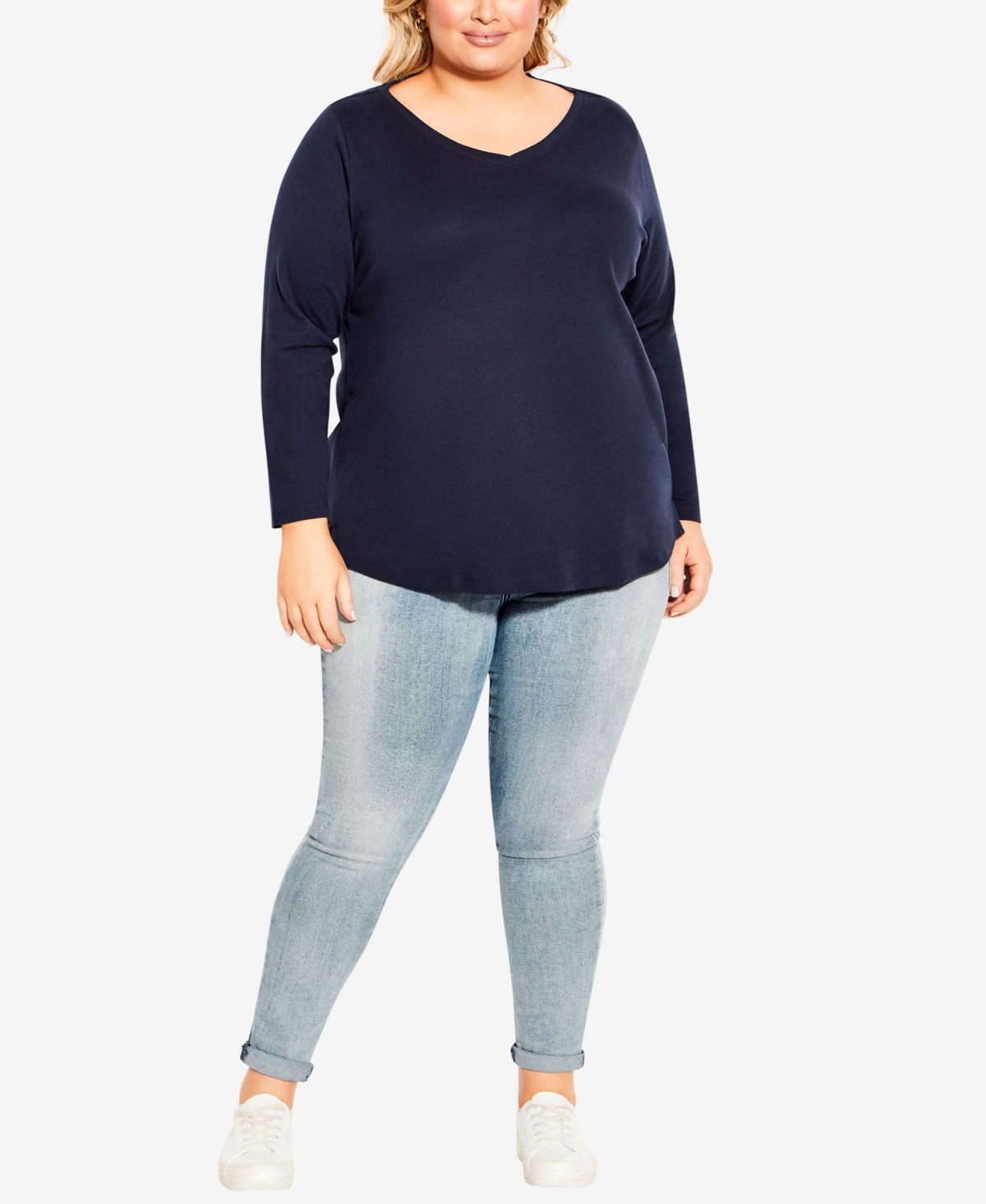 Plus Size V-Neck Essential Long Sleeve T-shirt - Navy