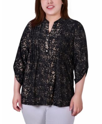 Navy Gold Damask 3/4 Roll Tab Sleeve Y Neck Top - Petite