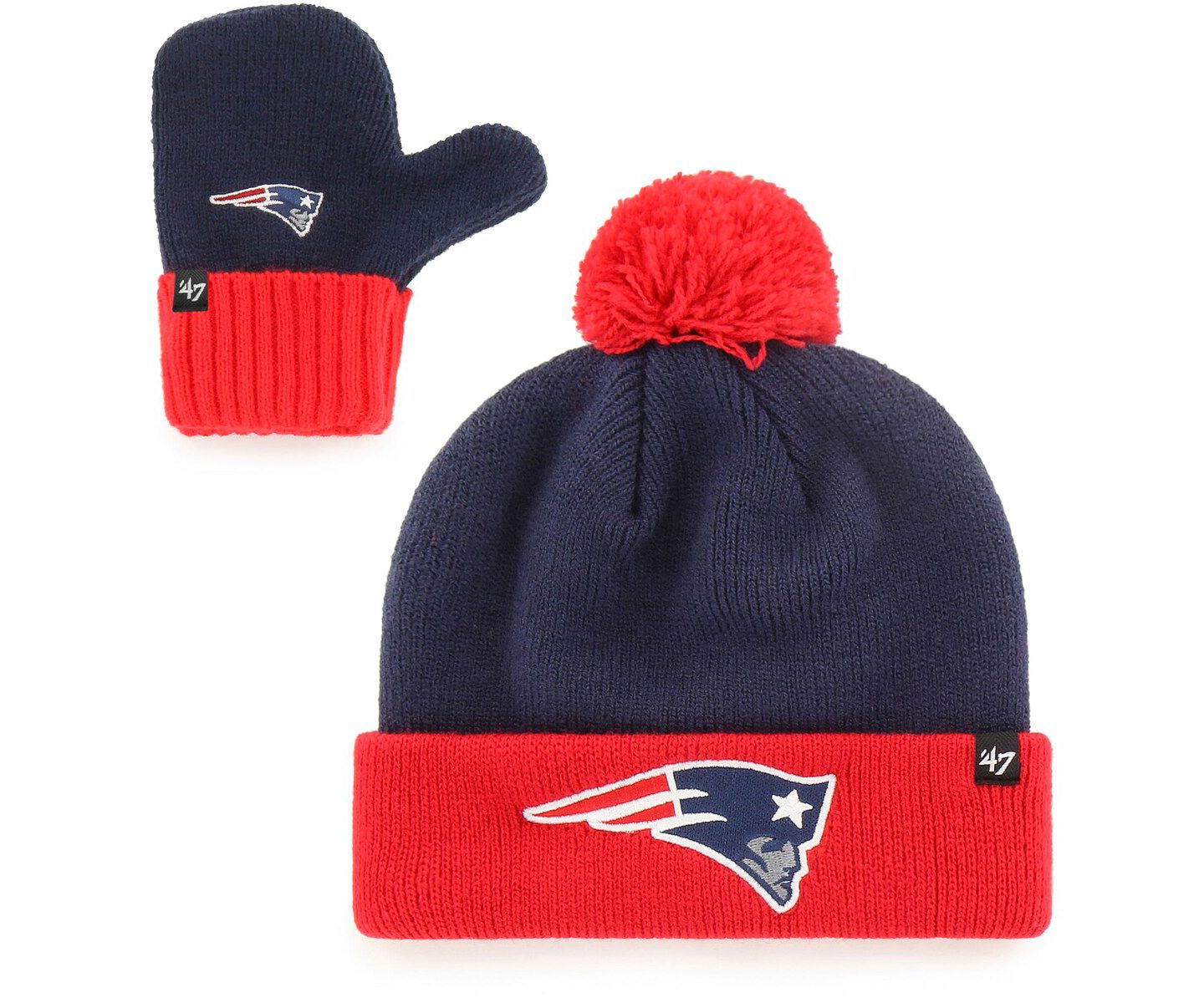 Головные уборы '47 Brand New England Patriots Bam Bam Cuffed Knit Hat & Mittens Set для малышей — фото 1